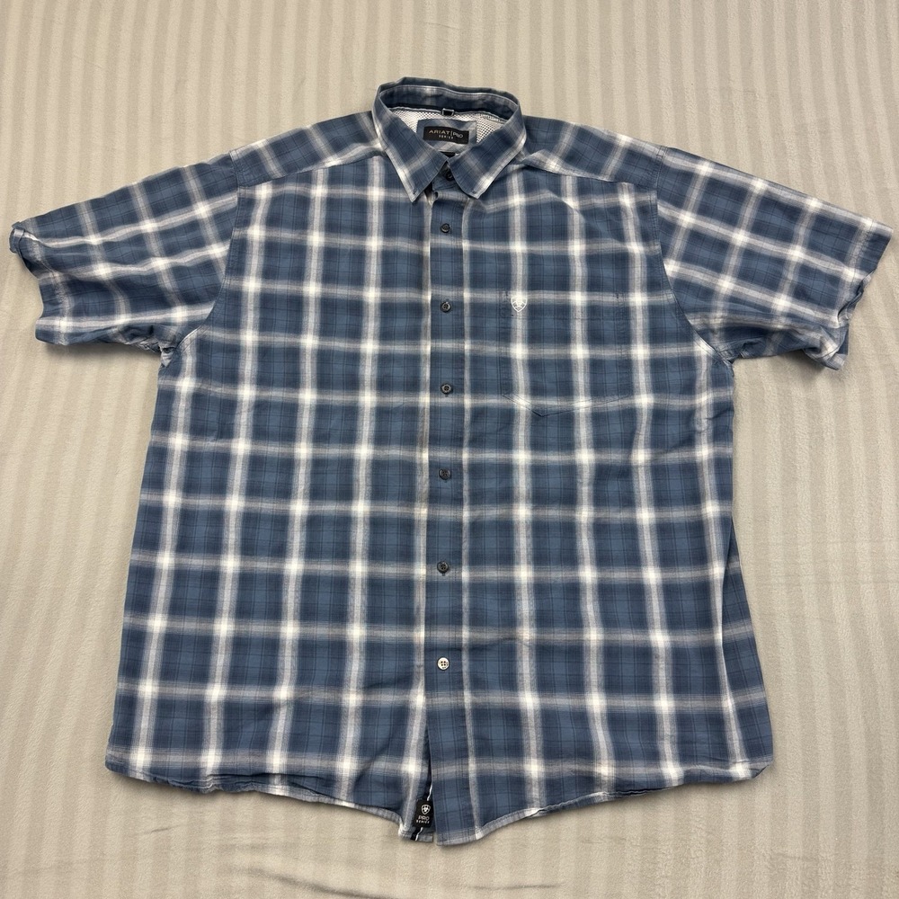 Ariat Pro Series Shirt Mens XL Blue White Plaid Button Down Short Sleeve Pocket